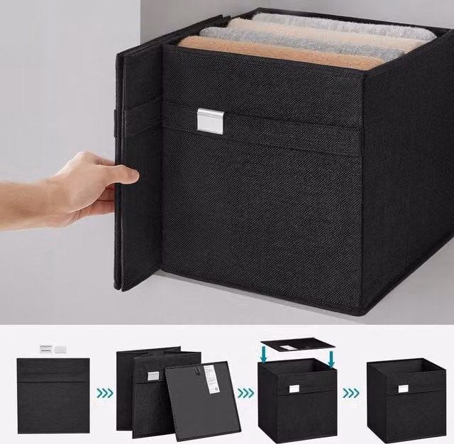 SONGMICS Set of 4 Foldable Fabric Cube Storage Boxes with Handles and Label Holders, Black, W: 30.0 cm, D: 30.0 cm, H: 30.0 cm