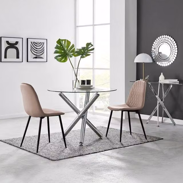 FurnitureboxUK Selina Round Glass Dining Table with Chrome Legs and Two Corona Beige Chairs with Black Legs – 1