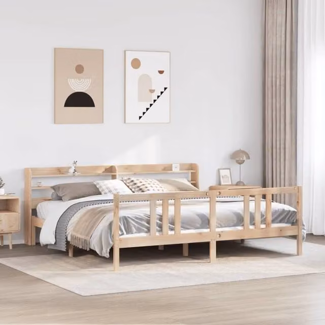 Berkfield Home Rustic Brown Solid Wood Bed Frame with Headboard and USB Charging Port, W/D/H: 200 x 200 cm