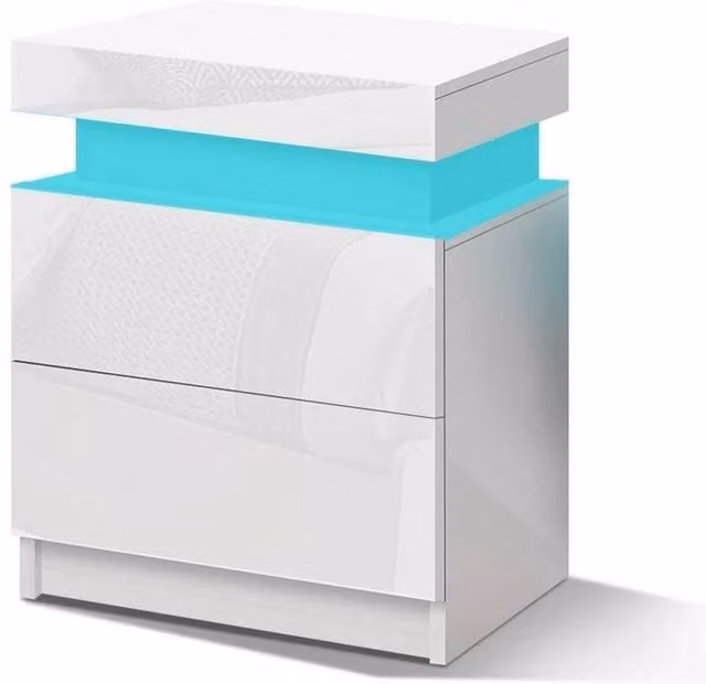 FORGEVIO Modern White Glossy Bedside Table with 2 Drawers and Integrated LED Lighting