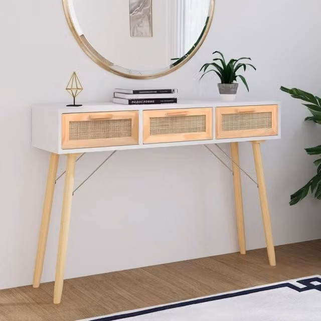Berkfield Home White Scandinavian Console Table in Solid Pine and Natural Rattan, W/D/H: 105 x 30 x 75 cm