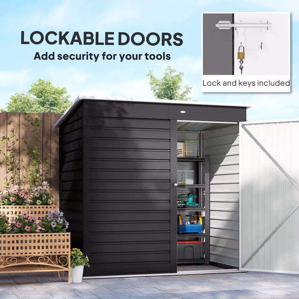 STILVORA Modern Pent Garden Storage Shed in Grey Steel with Lockable Single Door, H: 192 cm, W: 130 cm – 6