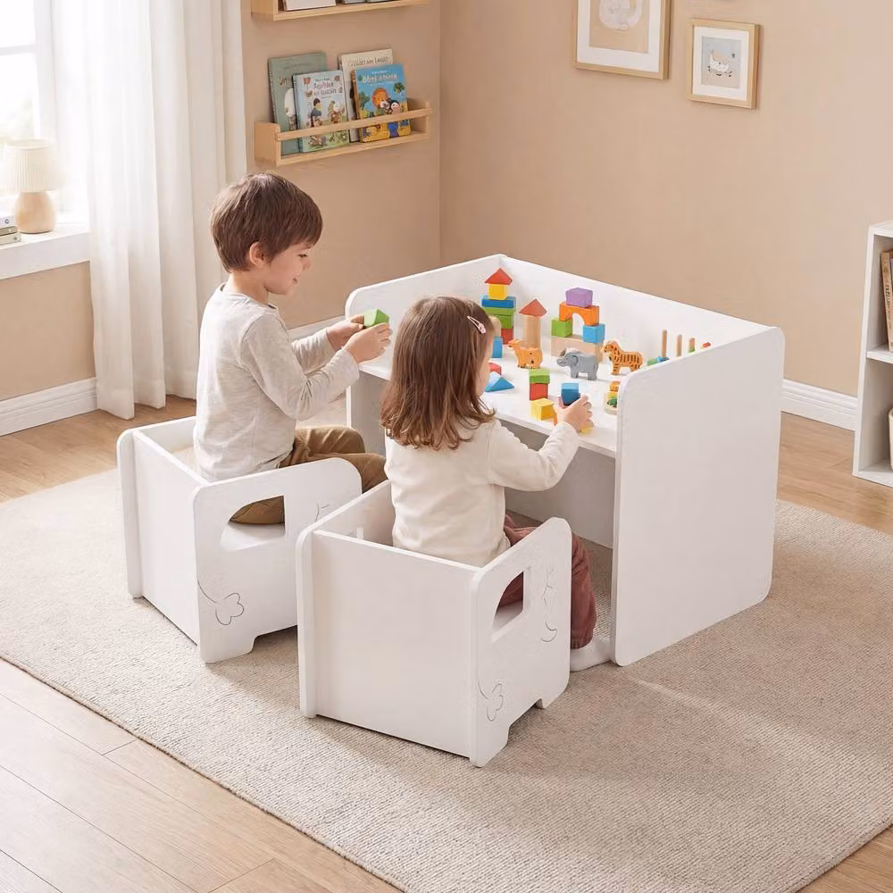 CASART 3-Piece Kids Table and Chair Set with Chalkboard in White – 2