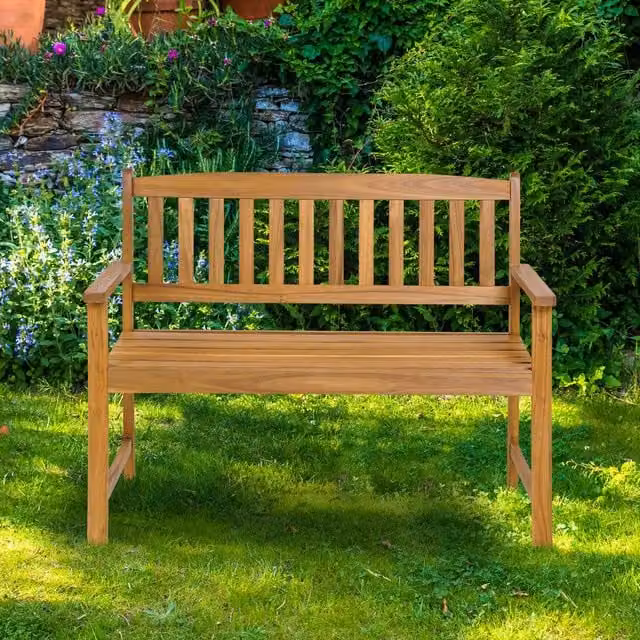 Costway Acacia Wood 2-Person Outdoor Garden Bench with Armrests in Natural Brown – 1