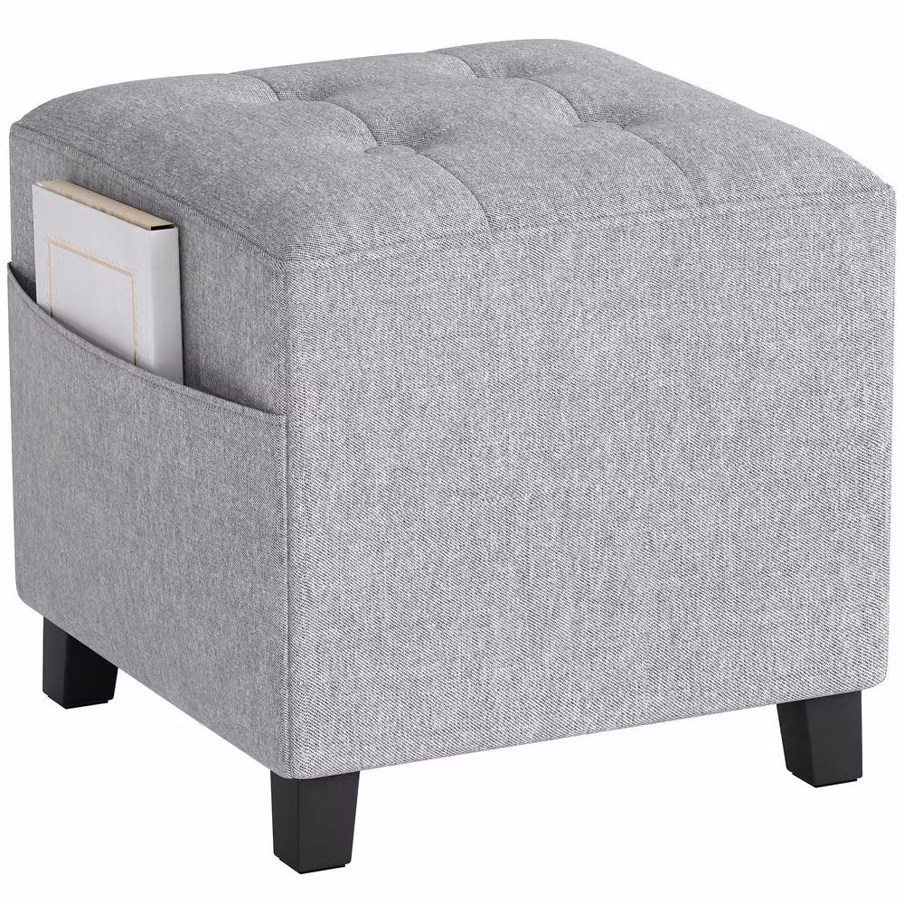 STILVORA Grey Fabric Footstool with Storage Pocket and Rubberwood Frame – 3