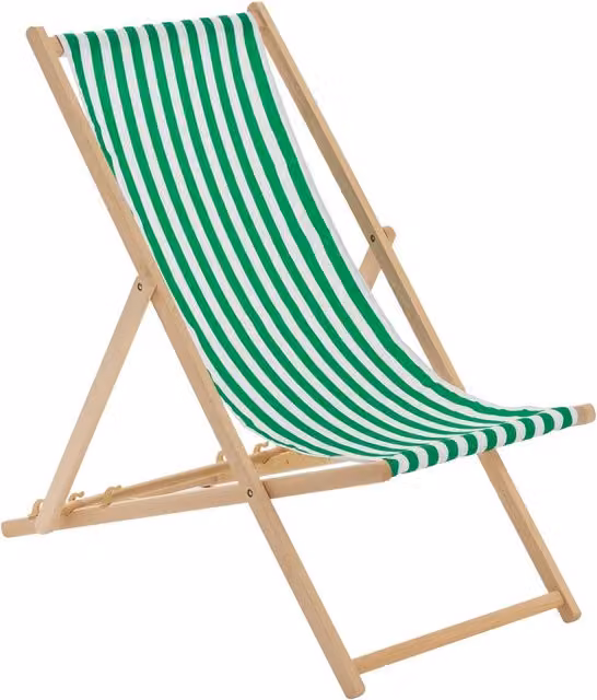 Harbour Housewares Folding Wooden Deck Chair in Green Striped UV-Resistant Polyester and Treated Beech Wood – 1