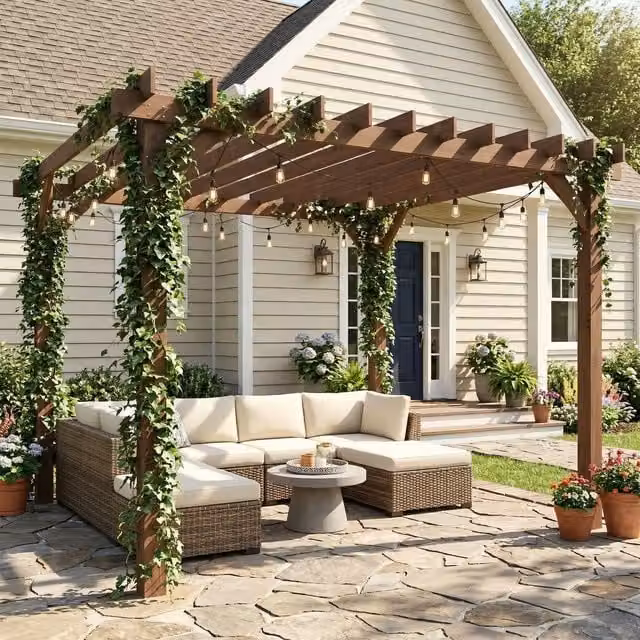 Outsunny Wooden Pergola Gazebo with Grape Trellis in Brown Maple Wood-effect
