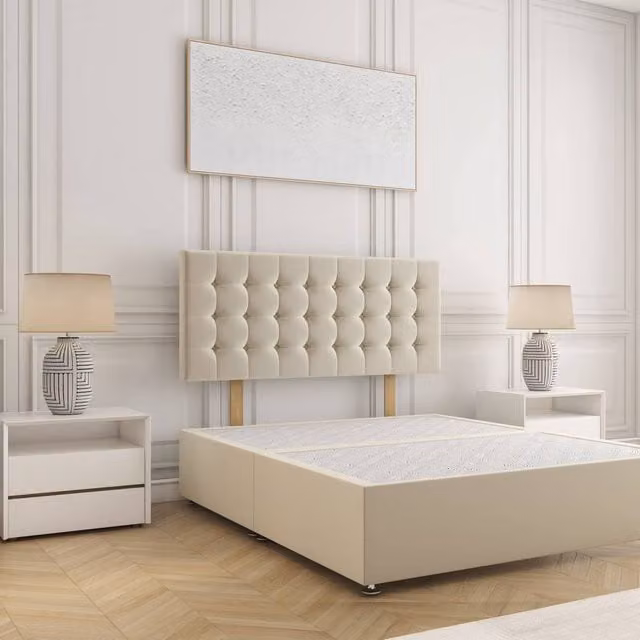 BSSPOKE Isla Divan Bed with 24 inch Plush Velvet Headboard in Beige, King Size