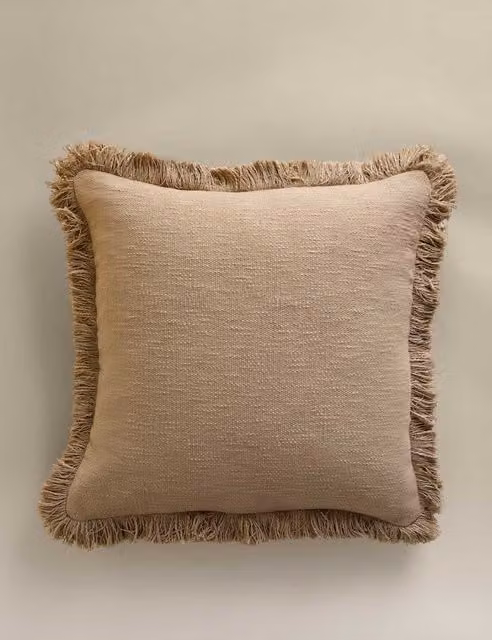 M&S Textured Fringe Cotton Cushion Cover in Beige
