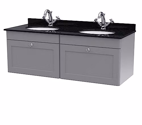 nuie Classique Traditional Wall Hung Double Bathroom Vanity Unit with 2 Drawers, Marble Top and Round Basin, Satin Grey/Black, W: 120 cm – 1