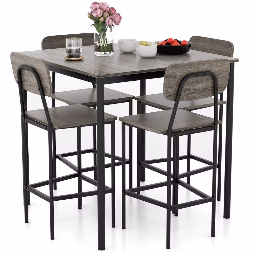 Gymax Industrial Dining Table Set with 4 Bar Stools in Grey – 8
