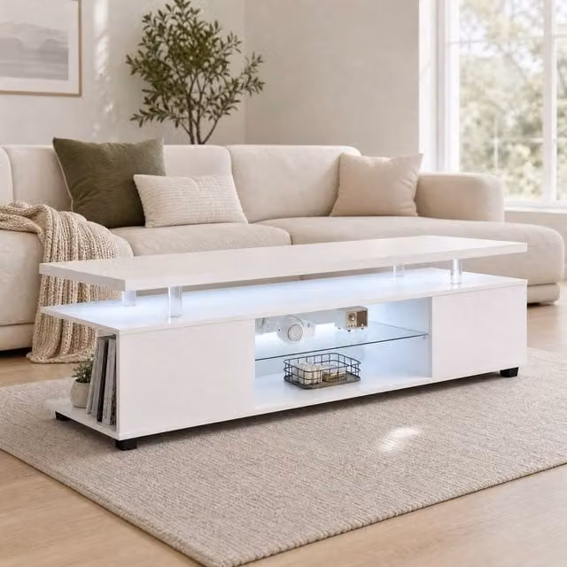 STILVORA Modern Glossy White TV Stand with LED Lights and 3 Hidden Storage Spaces – 1