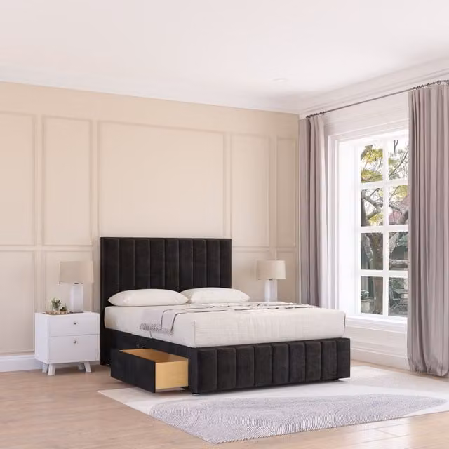 Sloomy California Divan Bed Base in Black Velvet with 2 Drawers and Chesterfield Headboard, W/D/H: 90 x 190 cm