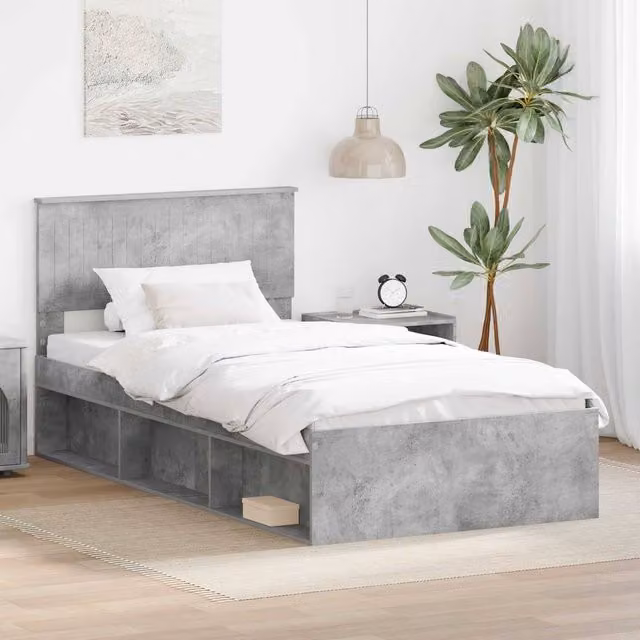 Berkfield Home Modern Grey Bed Frame in Solid Pine and Engineered Wood, W/D/H: 100 x 200 cm