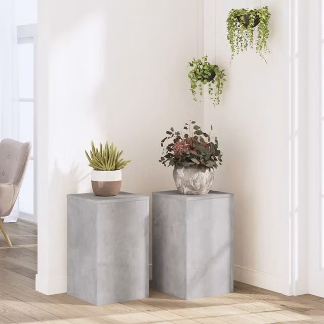 Berkfield Home Set of 2 Modern Square Plant Stands in Concrete Grey, W/D/H: 30 x 30 x 50 cm