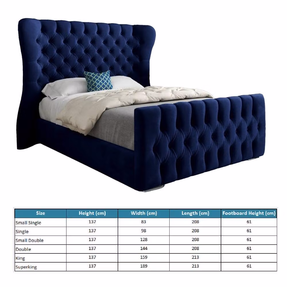 Casani Rendlesham Blue Velvet Upholstered Designer Bed Frame, Single, W/D/H: 90 x 200 cm – 6