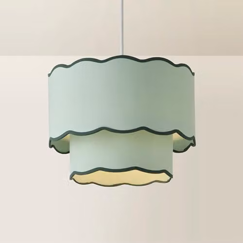 ValueLights Sloane 2 Tier Scallop Ceiling Lamp Shade in Green and Grey Fabric