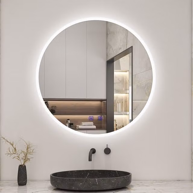 Aica Bathroom Round LED Mirror with Double Touch Switch in White, Diameter: 60 cm