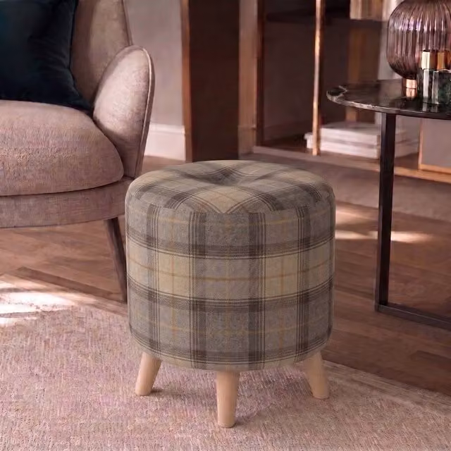 Nexus Mattresses Ltd Round Button Footstool in Grey Tartan with Natural Angled Feet