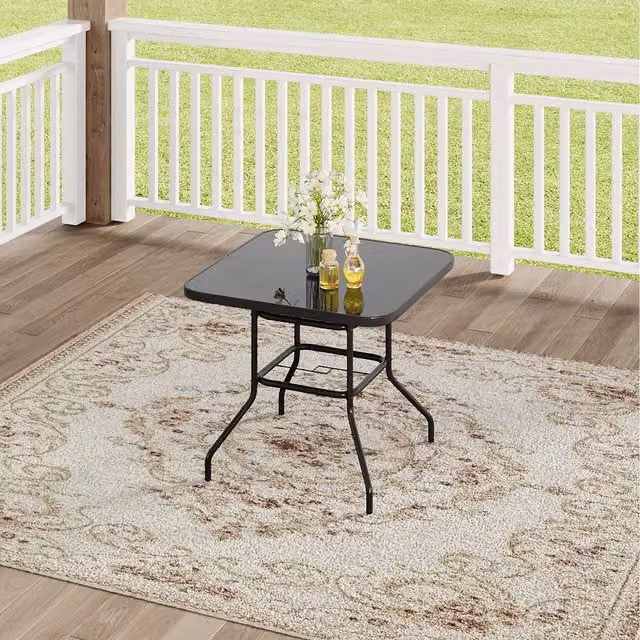 Komore Black Tempered Glass and Metal Garden Table with Parasol Hole