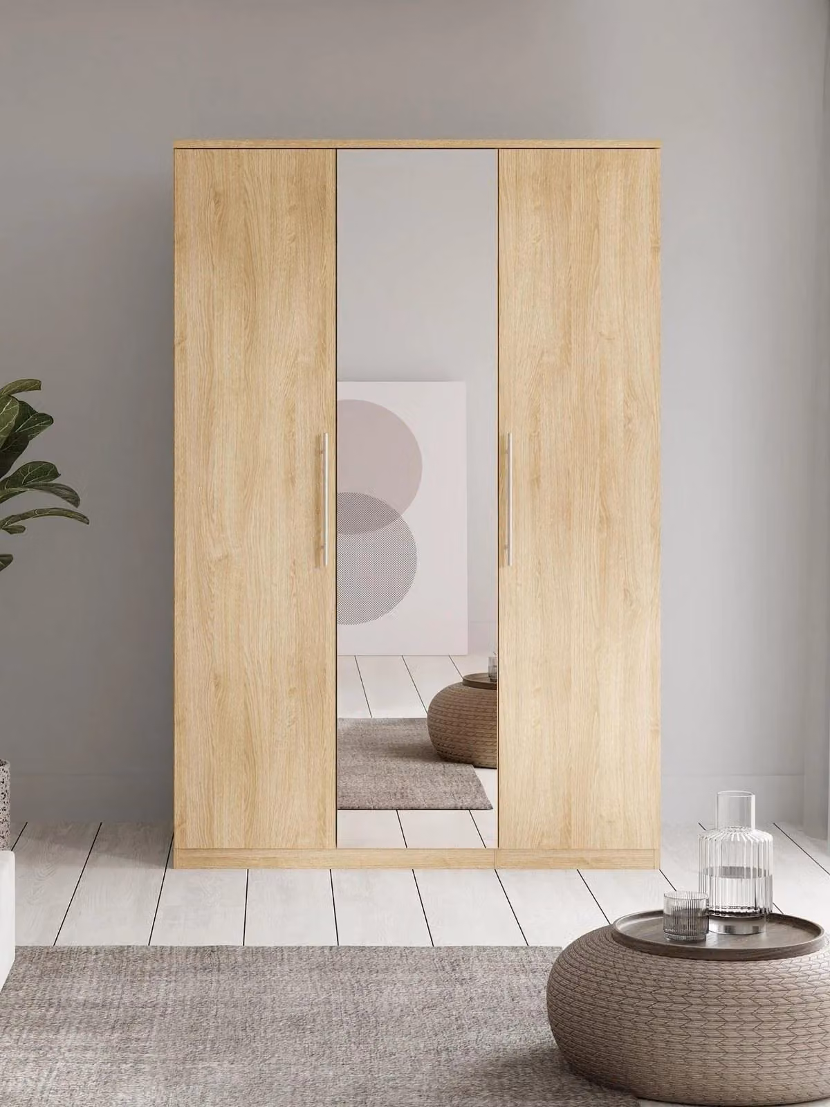 Prague 3 Door Mirrored Wardrobe in New Oak, W/D/H: 120 x 53 x 197 cm