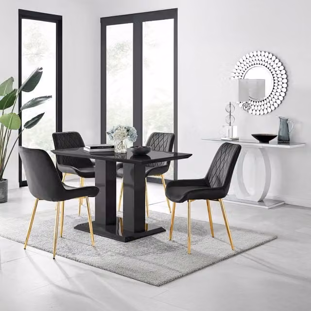FurnitureboxUK Imperia Black Dining Set with 4 Pesaro Gold Leg Chairs