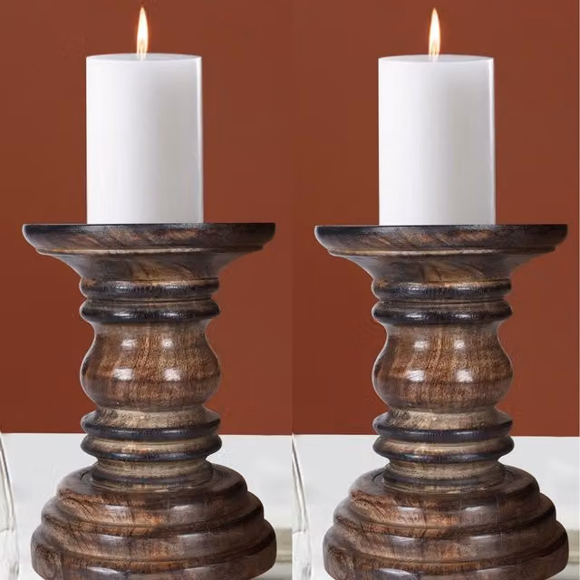 Topfurnishing Set of 2 Rustic Antique Carved Wooden Pillar Church Candle Holders in Brown, W/D/H: 12 x 12 x 19 cm