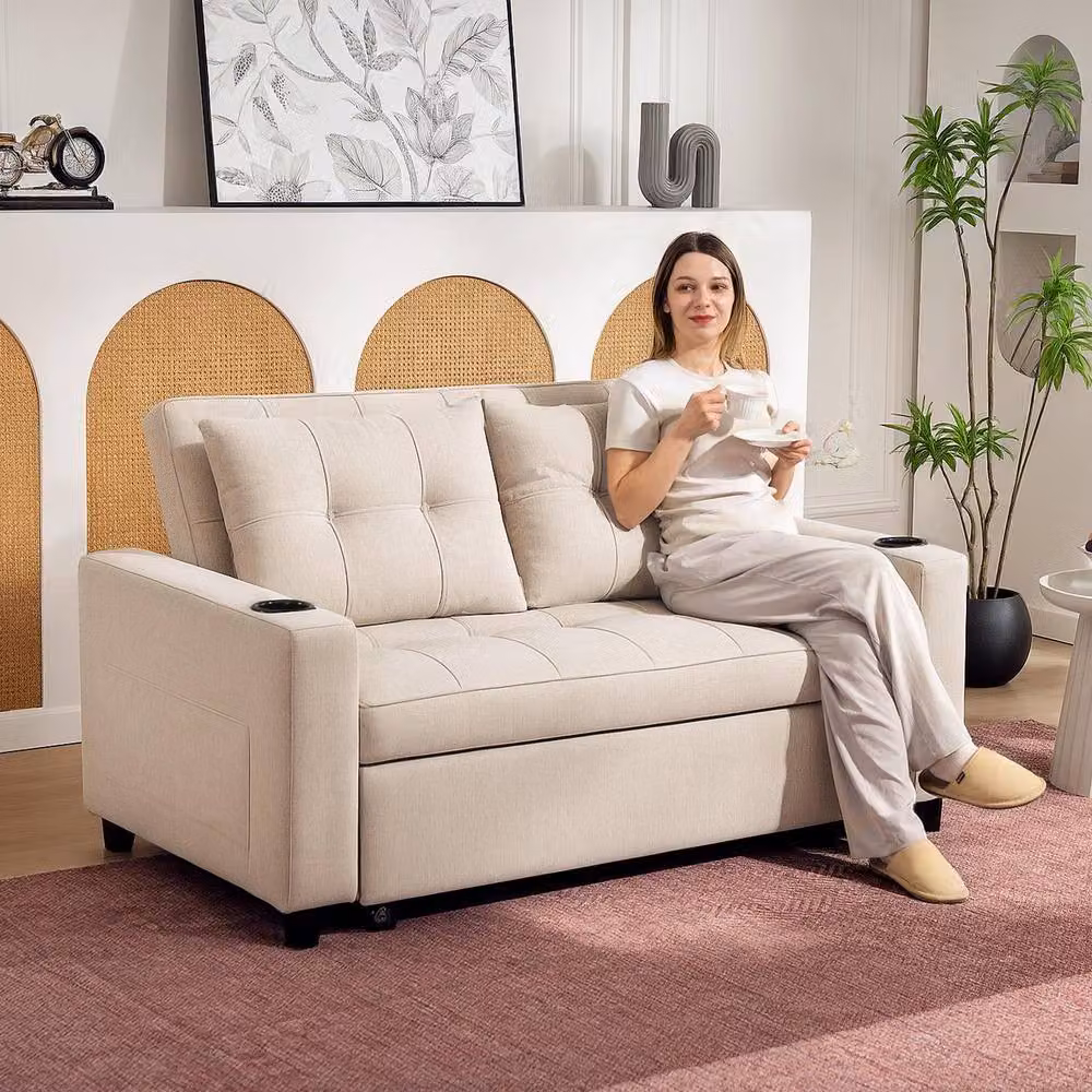 ERGOVEXA Two-Seater Pull-Out Sofa Bed in Beige with Fabric Upholstery and Metal Frame – 2