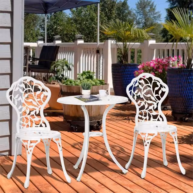 Outsunny White Vintage Floral Metal Garden Bistro Set with Coffee Table and Chairs – 1