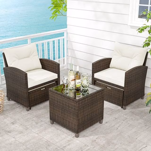 COSTWAY 5 Piece Modern White Rattan Patio Furniture Set