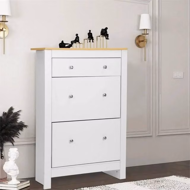 Nordara Modern White Wooden Shoe Storage Cabinet with Tilting Compartments and Drawers