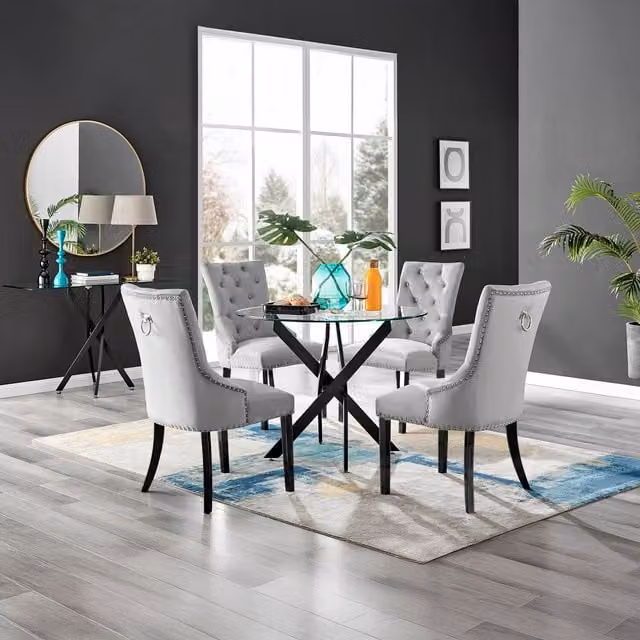 FurnitureboxUK Leonardo Grey Glass Dining Table with 4 Belgravia Black Leg Chairs, W: 120 cm, D: 70 cm, H: 75 cm