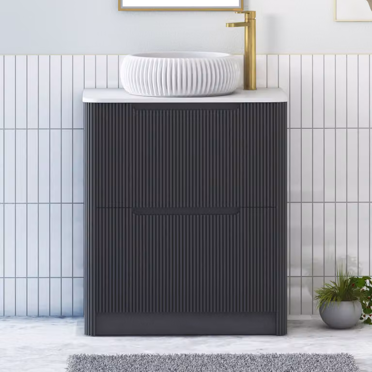 Royal Bathrooms Avenza Matt Obsidian Black Floor Standing Vanity Unit with 2 Drawers and Plain White Worktop