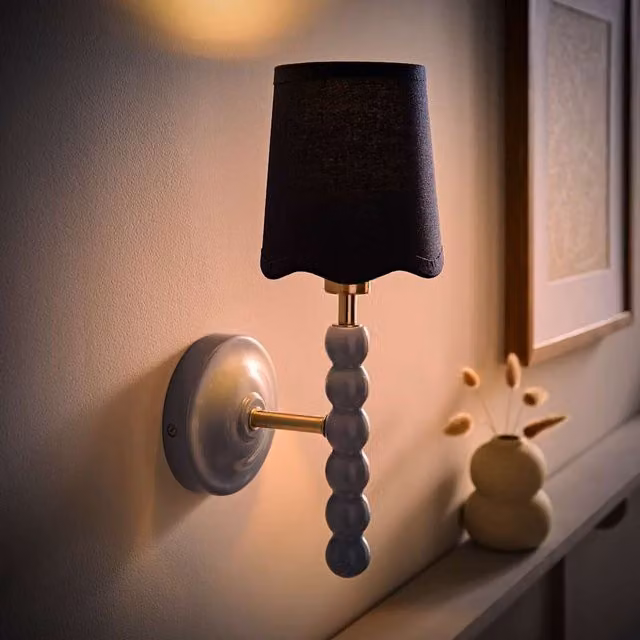 ValueLights Bobbins Pastel Wall Light with Blue Linen Scallop Shade and Wood Details