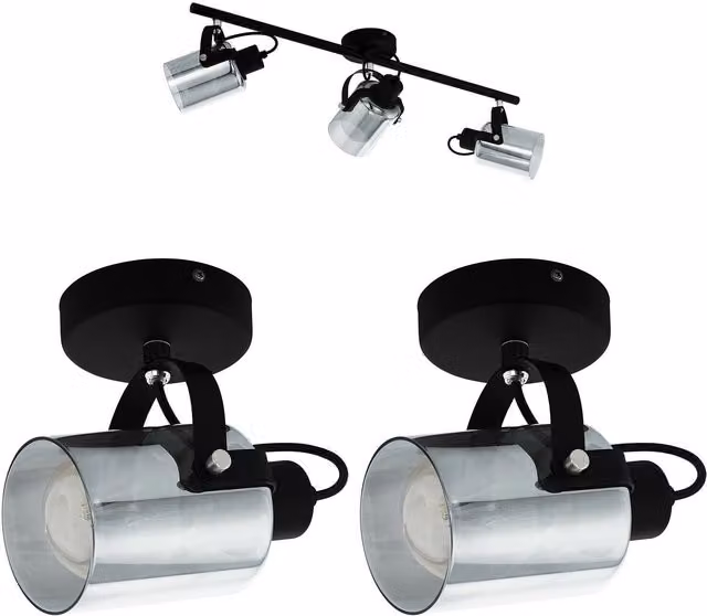 Loops Adjustable Ceiling Spot Light and 2x Matching Wall Lights in Black with Transparent Glass
