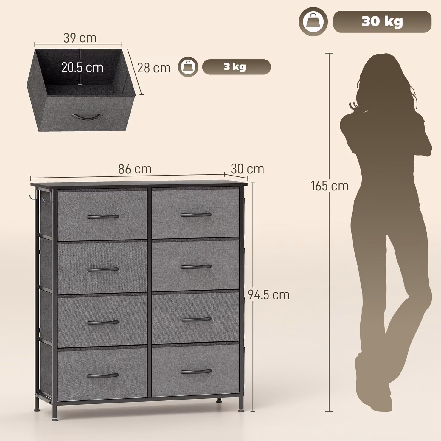 HOMCOM Modern Freestanding Chest of Eight Fabric Drawers in Charcoal Grey – 3