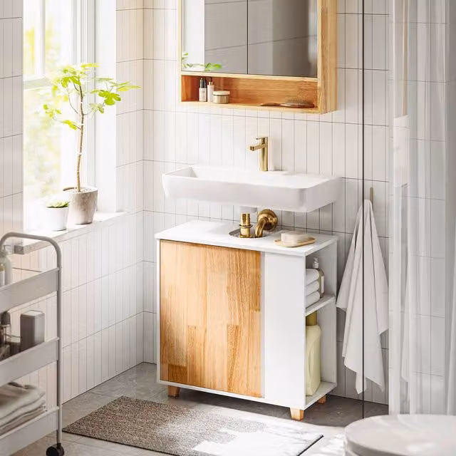 SoBuy Scandinavian Style White Under Sink Bathroom Cabinet with Hinged Doors and Internal Shelves – 1