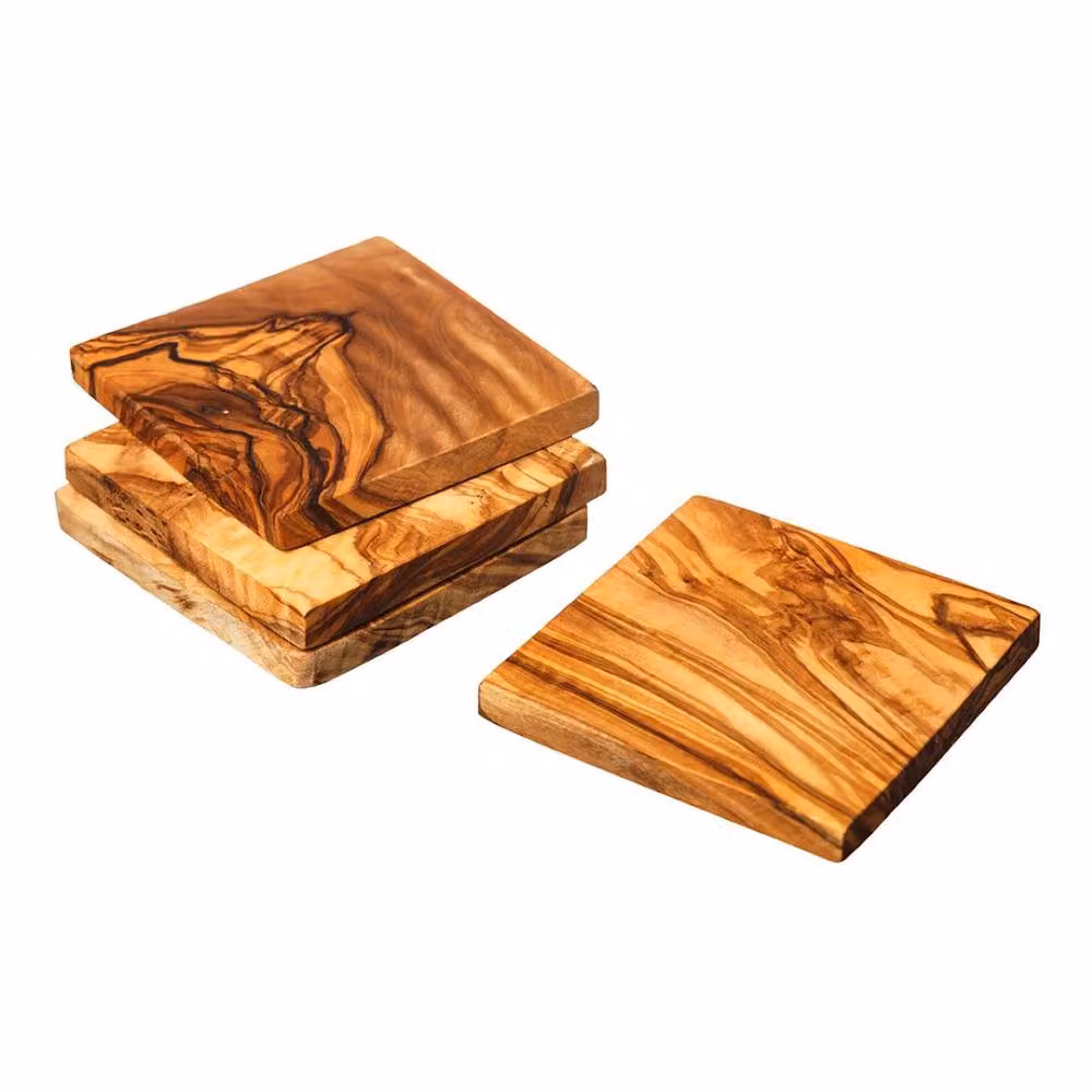 Selbrae House Set of 4 Square Solid Olive Wood Coasters in Natural Brown and Beige – 2