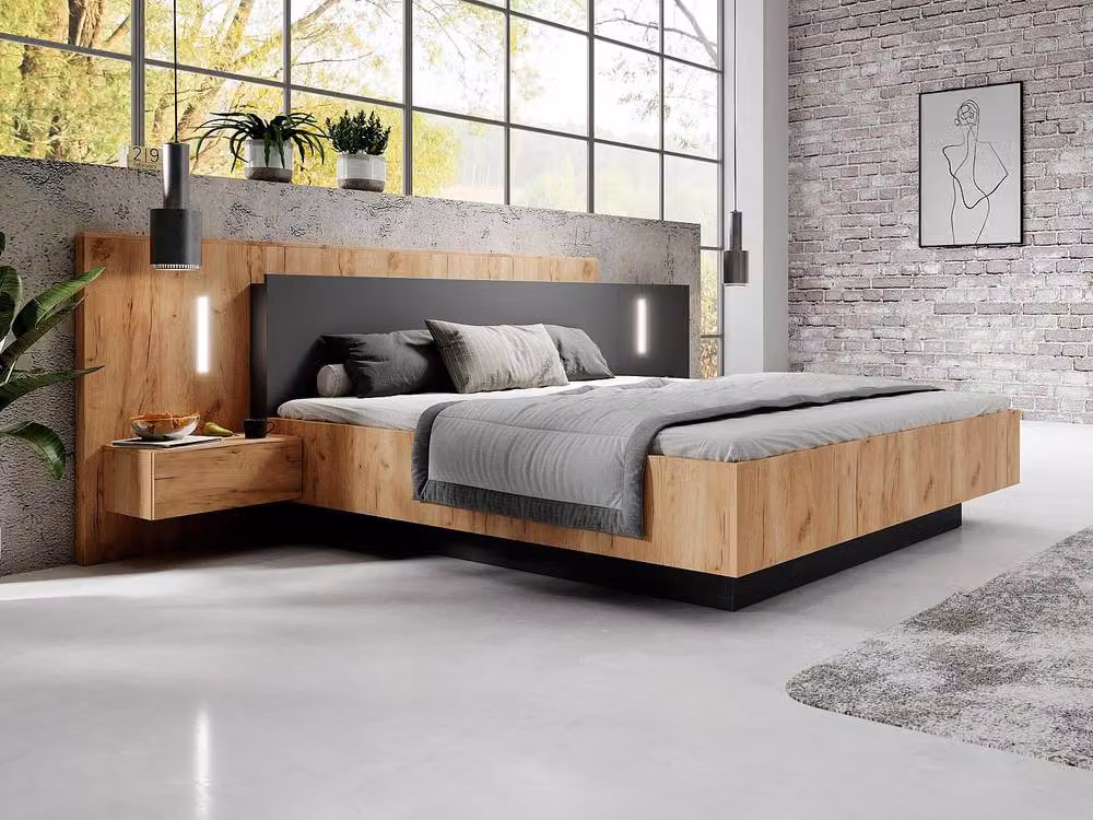 Vente-unique Modern Double Bed with Bedside Tables and LED Under-bed Lighting in Grey, W/D/H: 160 x 200 cm – 3