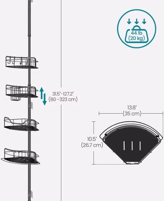 SONGMICS 4-Tier Rustproof Corner Shower Caddy with Adjustable Tension Pole and Hooks, Black