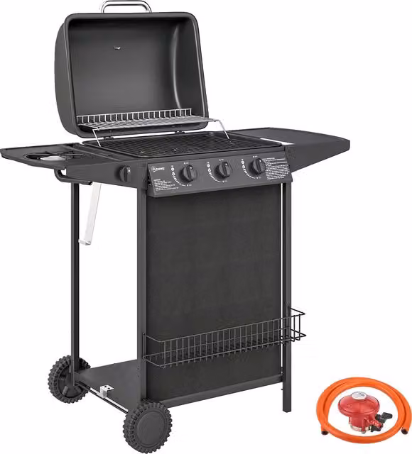 Outsunny 3+1 Burner Gas BBQ Grill and Smoker with Built-in Thermometer, Side Burner, Warming Rack and Wheels, Black