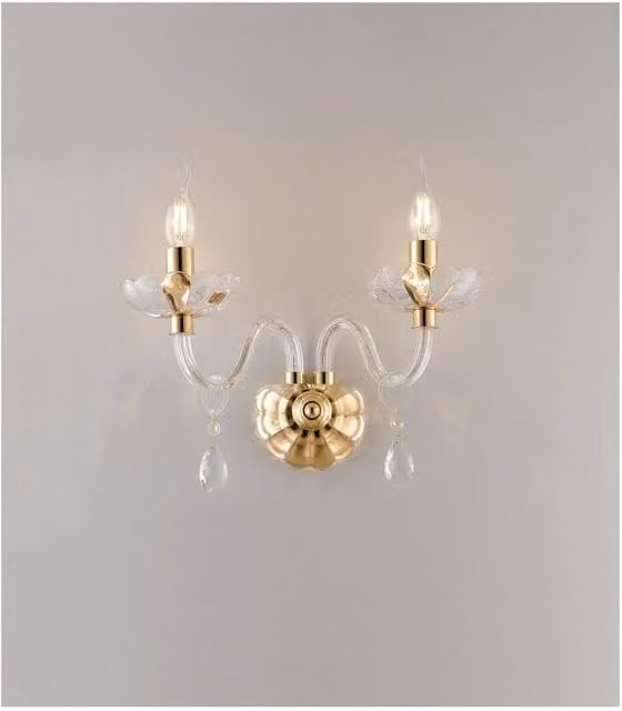 Netlighting RIFLESSO Twin 2 Light Candle Wall Light in Gold and Crystal, W/D/H: 40 x 35 x 18 cm