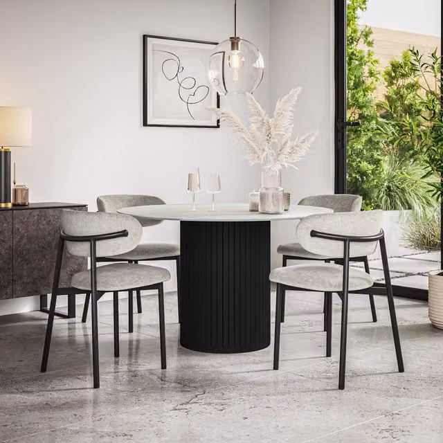 More4Homes Arlo Modern Round Marble Dining Table and 6 Chairs Set in Walnut and Grey
