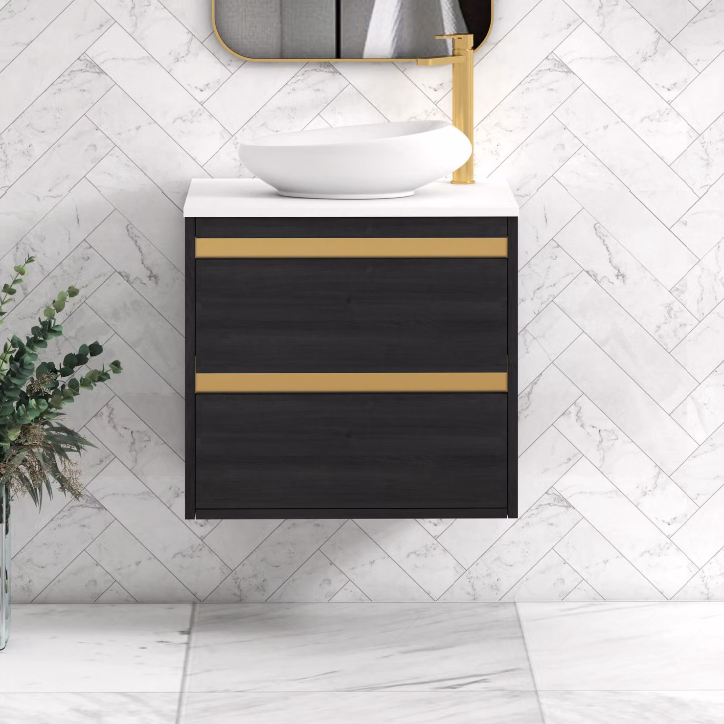 Royal Bathrooms Orion 600mm Hale Wall Hung Vanity Unit with Nova Basin and 2 Drawers in Plain White and Black with Brushed Brass Accent Trim