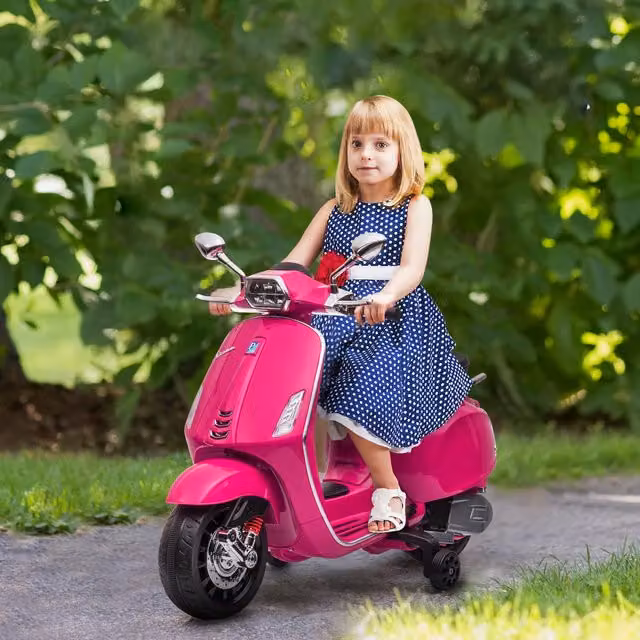 AIYAPLAY Licensed Vespa 12V Kids Electric Ride-On Bike with Training Wheels, Green and Pink