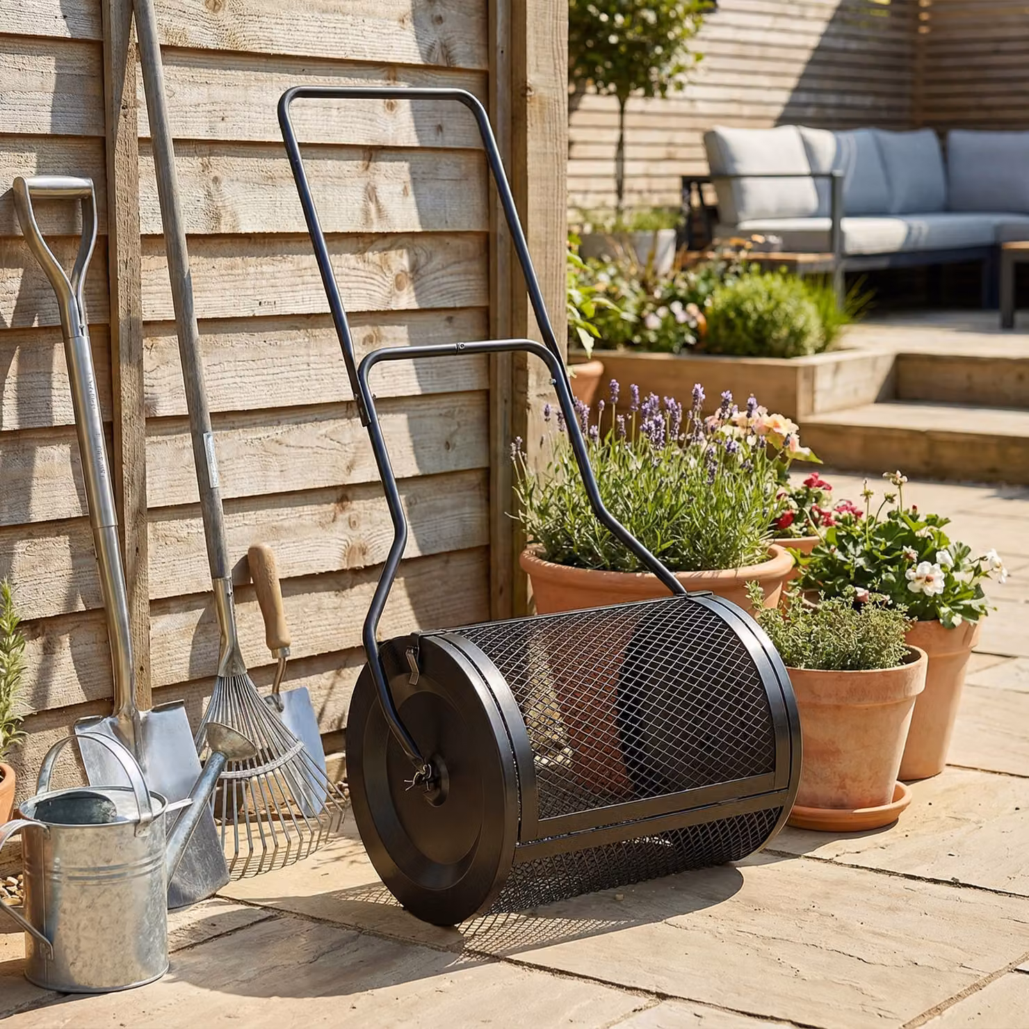 Outsunny Black Metal Compost Spreader with Detachable U-Shaped Handle and 20 Inch Peat Moss Basket – 9