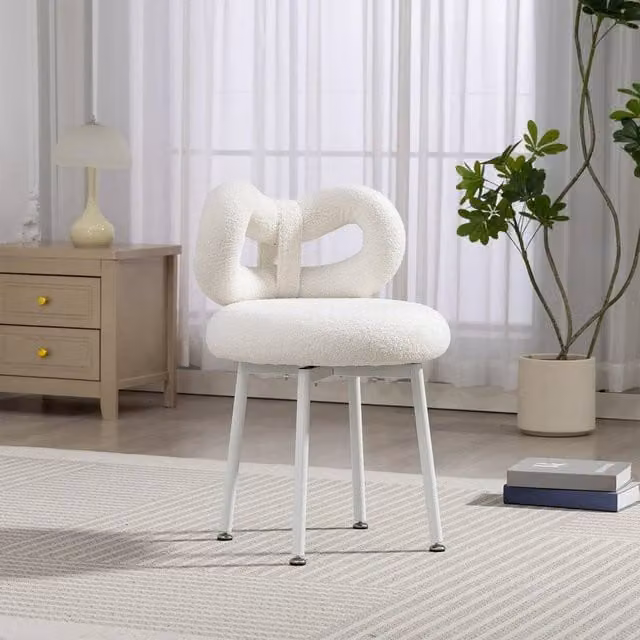 KORVIXA White Bouclé Fabric Vanity Stool