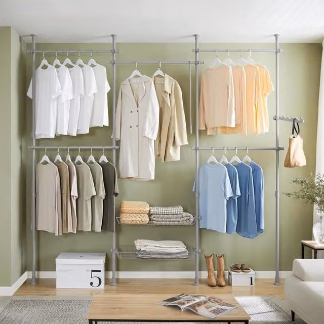 SoBuy Freestanding Adjustable Wardrobe Organizer with Hanging Rod in Grey