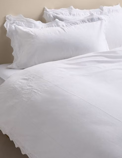 M&S Pure Cotton Vintage Lace Embroidered Bedding Set, White, W x D: 180 x 200 cm