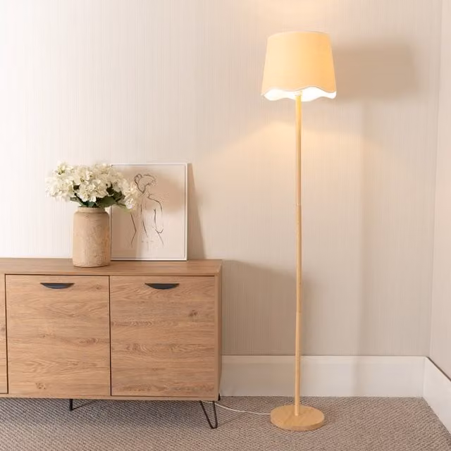 ValueLights Modern White Wood Floor Lamp with Fabric Cylinder Shade